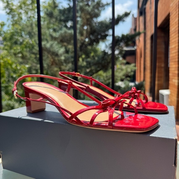 New Reformation Sally Bow Heeled Sandal Mule Shoes Red Scarlet Patent 9.5 - Picture 6 of 15